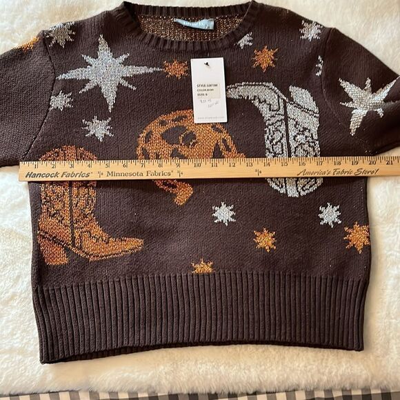 New! Western Metallic Cowboy Sweater Cropped Brown Size Small - Picture 5 of 9